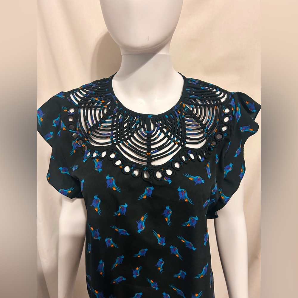 Anthropologie Ranna Gill Sz S Black Parrot Print Blouse Tropical Boho Chic